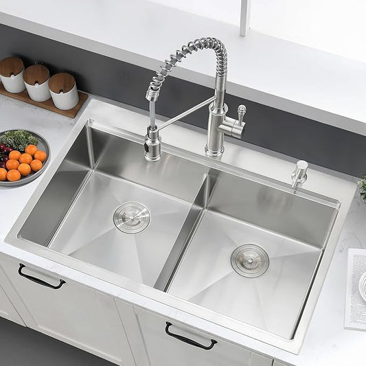 33x22 Double Bowl Kitchen Sink Drop In - 16 Gauge Stainless Steel Top Mount Drop In Sink, 50/50 Split Double Bowl Workstation Kitchen Sinks, Durable for Home Kitchens