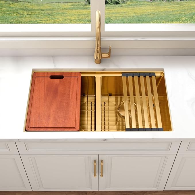 Double Bowl Kitchen Sink 30" X 18",Gold Kitchen Sink Undermount,16 Gauge Stainless Steel Double Bowl Sinks with Workstation