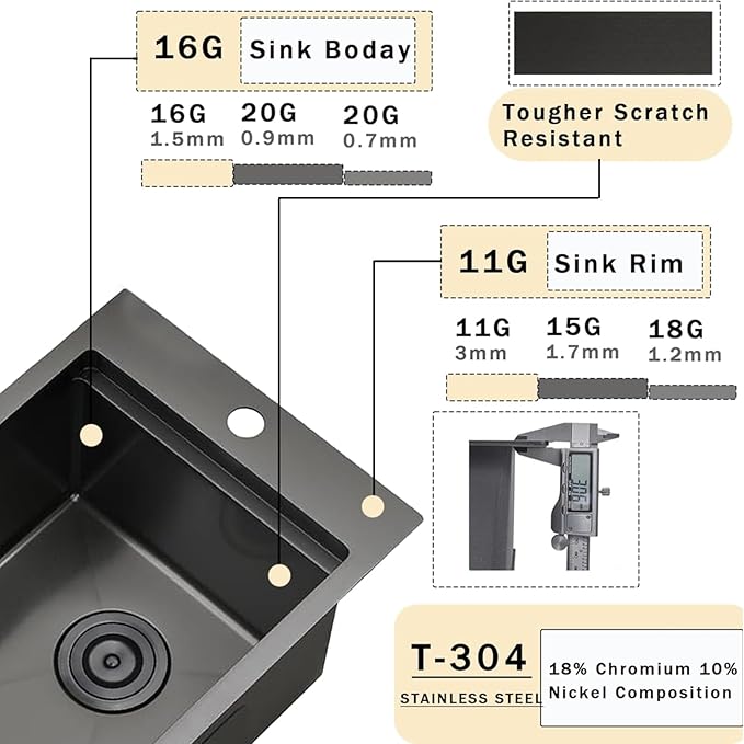 VC CUCINE 15x20 Inch Gunmetal Black Drop-in Bar Sink, Single Bowl, 16 Gauge Stainless Steel, Topmount, Modern, Workstation Sink with Accessories