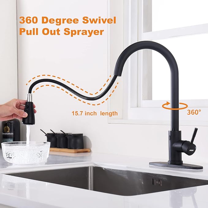 Keer Touchless Kitchen Faucet with Pull Down Sprayer, Motion Sensor Kitchen Faucet with Kitchen Soap Dispenser, Single Kitchen Faucet Pull Out Faucet,Matte Black