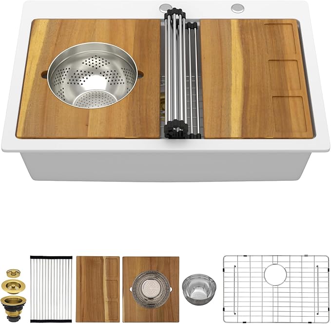 30x22 White Drop In Kitchen Sink - Granite Composite Single Bowl Classic Quartz-Based Workstation All-In One Sink with Mixing Bowl, Pasta Strainer, Two-Holes Configuration #TLGT-115