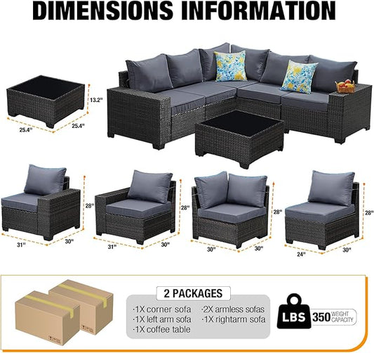 JOYURE 6 Pieces Patio Furniture Set All-Weather Outdoor Wicker Sectional Conversation Sofa Rattan Patio Seating Sofa with Cushion and Glass Table for Porch Poolside,Grey