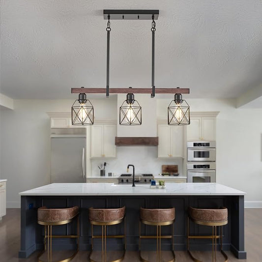 3-Light Vintage Industrial Pendant Light Over Table, Adjustable Hanging Light with Walnut Finish & Matte Black Metal Frame, E26 Base Modern Rustic Chandelier for Kitchen Island