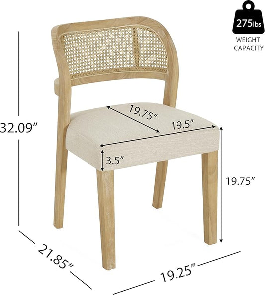 Christopher Knight Home Selwyn Dining Chairs Set of 2, Modern Dining Chair with Fabric Upholstery and Curved Back, Rubberwood Frame Kitchen Chairs with Cane Webbing, Accent Chairs, Beige+Natural