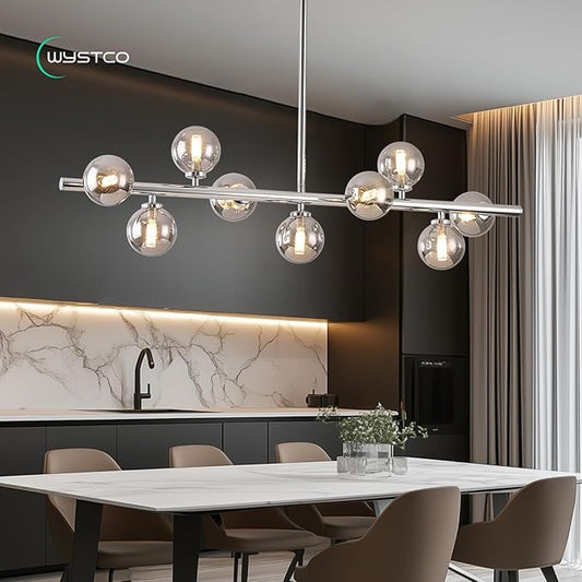 Mid Century Modern Glass Globe Sputnik Chandelier, 9-Light Linear Chandeliers for Dining Room, Kitchen Island, Living, Dining Light Fixture Over Table, Chrome and Smoke Grey Bubble, 40 Inch
