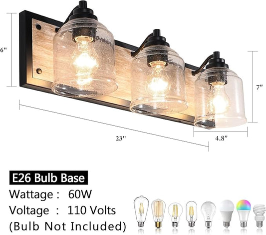 Vanity Lights for Bathroom Large 23", Farmhouse Rustic Vanity Light with Bubble Glass Shades, Gray 3 Light Bathroom Lighting Fixtures Over Mirror, Bath Wall Sconce Home Decor