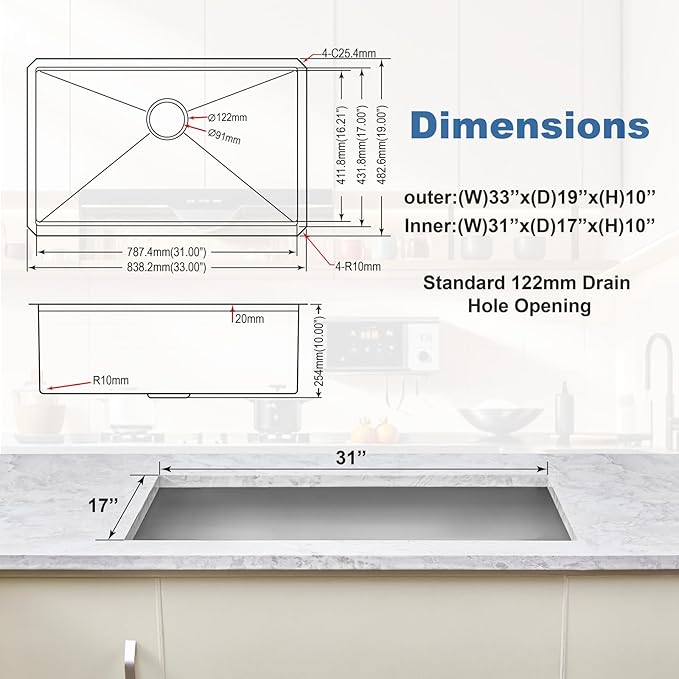 33 Inch Black Undermount Kitchen Sink Single Bowl Kitchen Stainless Steel Sink with Cutting Board,(Undermount Single Bowl, 33Inch Black)