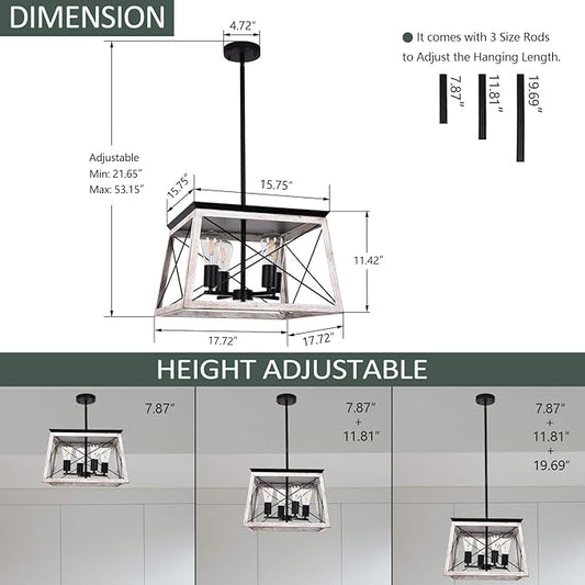 Luupyia Farmhouse Pendant Light Fixture, 4-Lights, Adjustable, Rectangular Rustic Chandeliers Farmhouse Light Fixture Vintage Island Lighting for Dining Room, Entryway and Living Room Beige