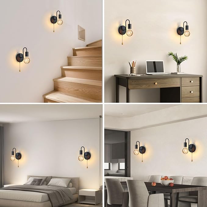 Vintage Pull Chain Wall Lights Set of Two, with Switch Black Wall Sconce E26 Industrial Wall Lamp Retro Wall Lighting Hard Wired Sconces Lighting for Mirror Bedroom Living Room Hallway