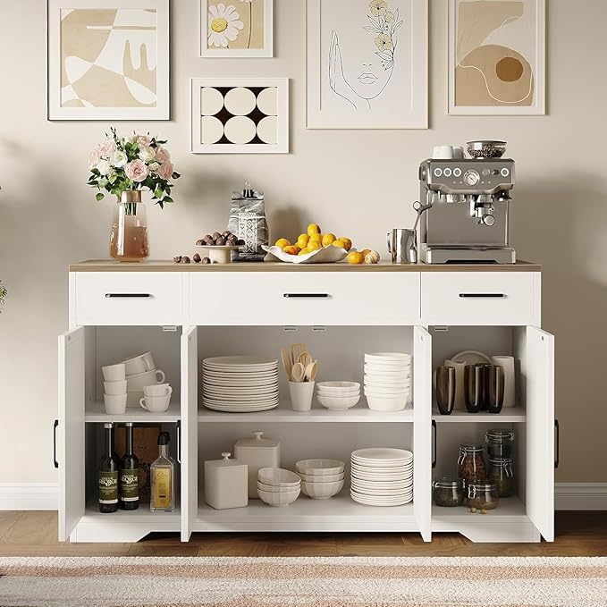 Modern Buffet Sideboard Kitchen Storage Cabinet With 3 Drawers, 55" Large Farmhouse Buffet Cabinet With Shelves and Doors, Wood Coffee Bar for Living Room Dining Room Hallway (White Wood Color)