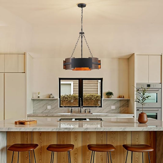 Modern Farmhouse Chandelier 19.7" Industrial Drum Pendant Lighting Fixture Large 4-Light Black Walnut Grain Finish for Dining Room Kitchen Island Office Living Room
