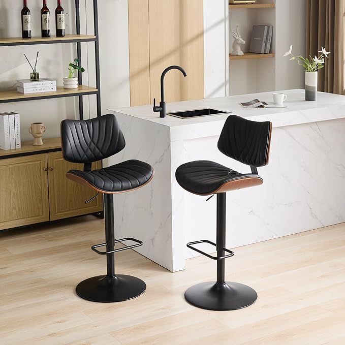 Modern Mid Century Adjustable Counter Height Leather Upholstered 360°Swivel Bar Chairs for Kitchen Island/Dining Room/Cafe, 1 Chair