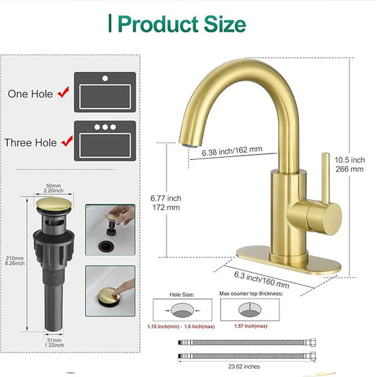 VOTON Bar Sink Faucet, Bathroom Kitchen 360° Rotatable Faucet, Brushed Gold Single Hole Bathroom Faucets Modern Small Mini Kitchen Bath Utility Vanity Outdoor Lavatory Faucets