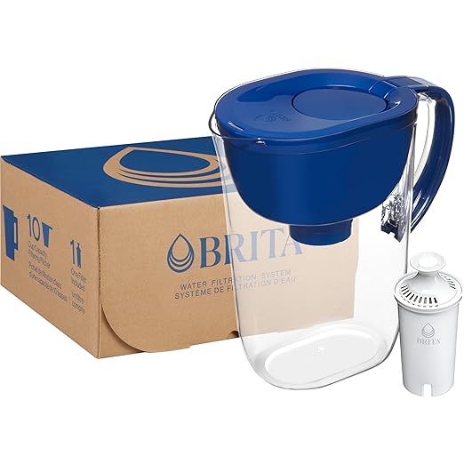Brita Large 10-Cup Water Filter Pitcher, WQA NSF/ANSI Certified, Removes Chlorine Taste & Odor, Reduces Zinc, Copper & Mercury, 1 Standard Filter, Lasts 2 Months, Blue