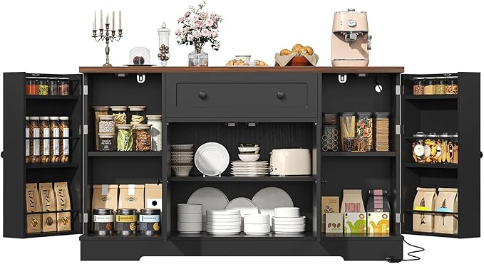 Buffet Cabinet with Storage, Modern Kitchen Buffet Sideboard with Drawer, Wood Coffee Bar Station with Charging Station, Wine Rack and Hooks, Wood Sideboard Buffet for Kitchen, Dining Room, Black