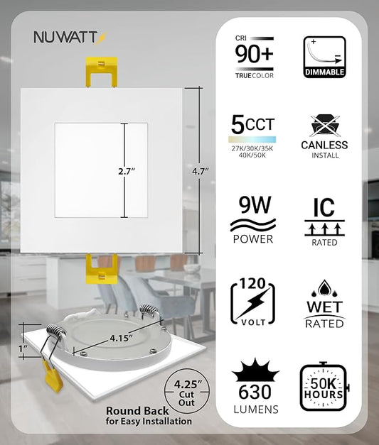 NUWATT 4 Inch Square Wafer LED Recessed Lights, 5 CCT Selectable 2700K/3000K/3500K/4000K/5000K, 630 Lumens Dimmable, Wet & IC Rated Downlight, 4" Canless Square Recessed Lighting, Metal J-Box, 6 Pack
