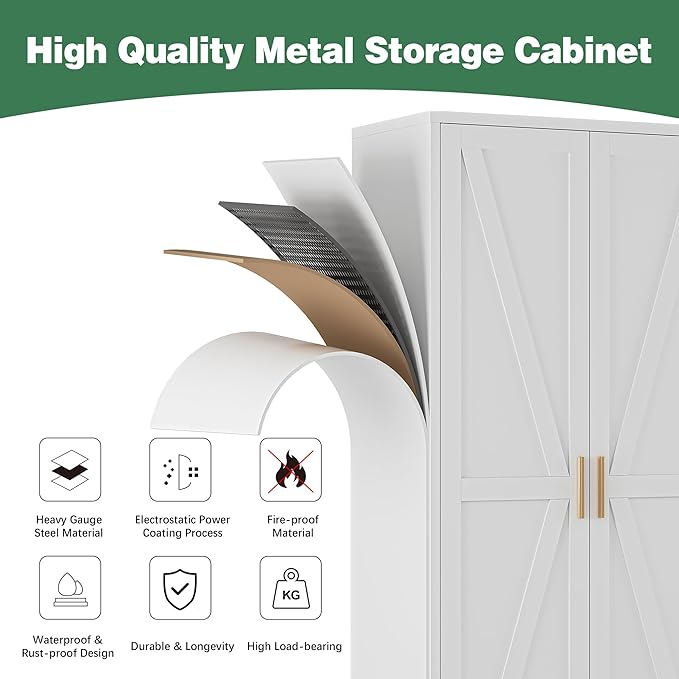 Bevivog 61" Metal Storage Cabinet with Doors and Shelves, Farmhouse Tall Bathroom Cabinets Freestanding, White Metal Pantry Cabinet for Kitchen, Living Room, Home Office