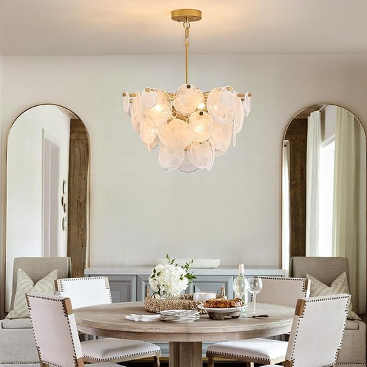 Gold Chandelier for Bathroom Alabaster Dining Room Light Fixture Modern Glass Chandeliers for Bedroom Living Room Kitchen Entryway Stairway and Foyer(Vintage capiz)