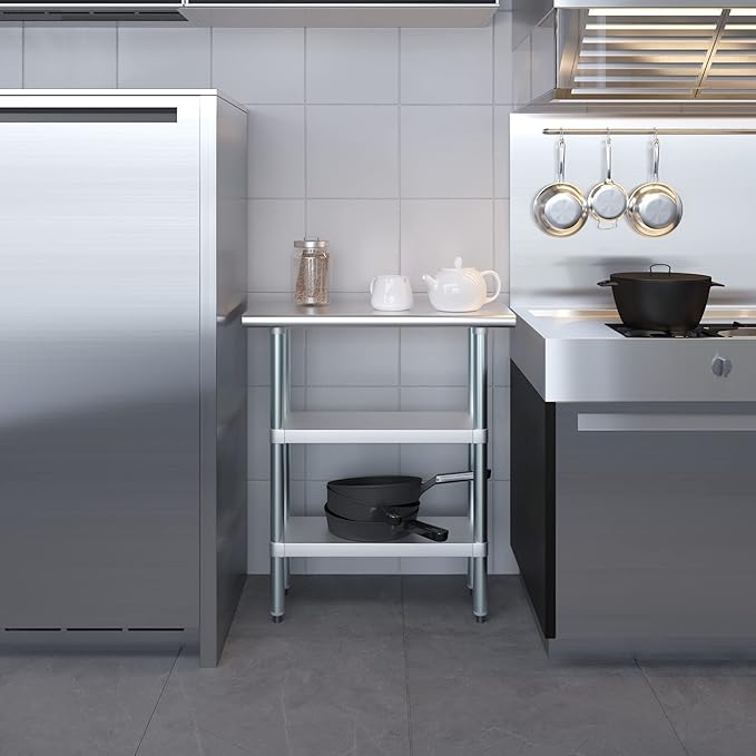 Stainless Steel Work Table with 2 Shelves | Kitchen Island Food Prep | Laundry Garage Utility Bench | NSF Certified (30" Long x 14" Deep)