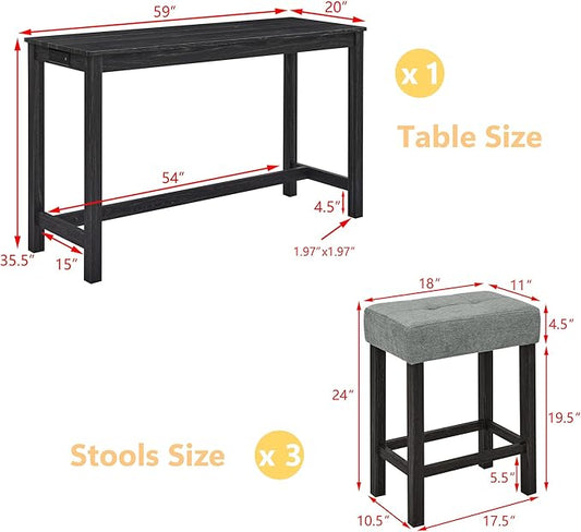 Merax 59" Bar Table Set with Power Outlet,Industrial Breakfast Table with 3 Upholstered Stools w/Footrest,4 Piece Counter Height Bar Table and Chair Set for Living Room,Dining Room,Kitchen,Black
