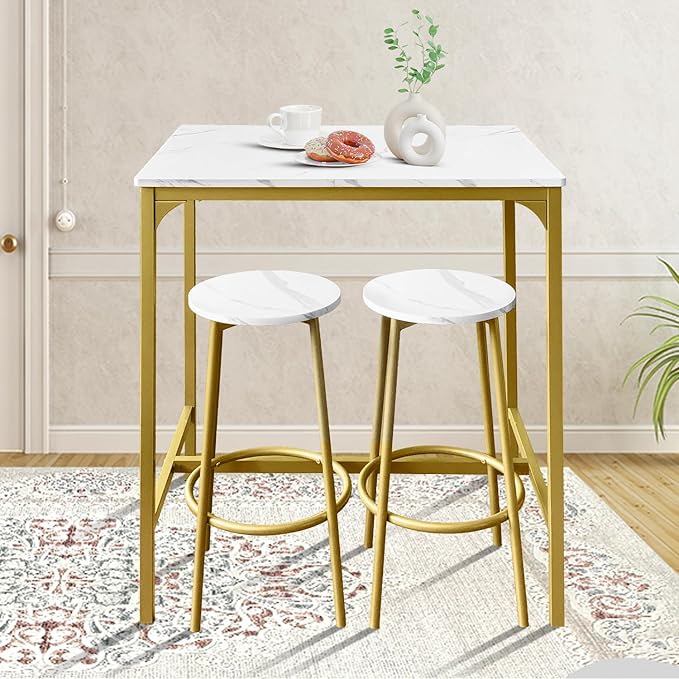 AT-VALY 3-Piece Bar Table Set with 2 Stools,Dining Room Table Set,Small Spaces (Gold)