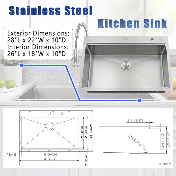 28x22 Drop In Kitchen Sink and Faucet Combo Set - 28 Inch Drop In Kitchen Sink Single Bowl, Stainless Steel 10 Inch Deep Workstation Drop-in Sinks with Accessories