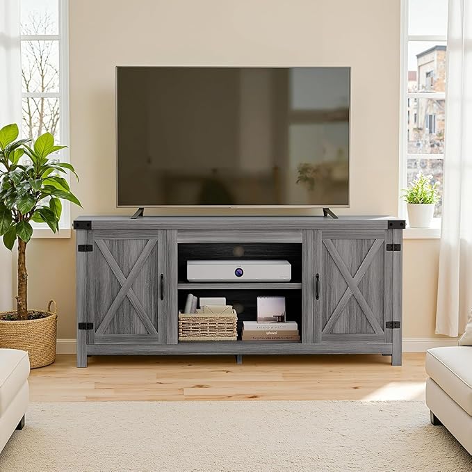 YESHOMY Modern Farmhouse TV Stand with Two Barn Doors and Storage Cabinets for Televisions up to 65+ Inch,Entertainment Center Console Table,Media Furniture for Living Room,Rustic Gray