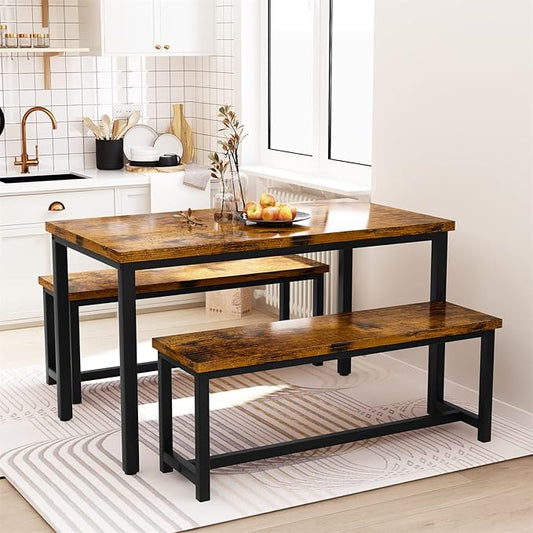 Recaceik 47" Dining Room Table Set with 2 Benches, Kitchen Dining Table Set for 4-6, Space Saving Kitchen Table and Chair Set for Dining Room, Small Space, Breakfast Nook(Brown)