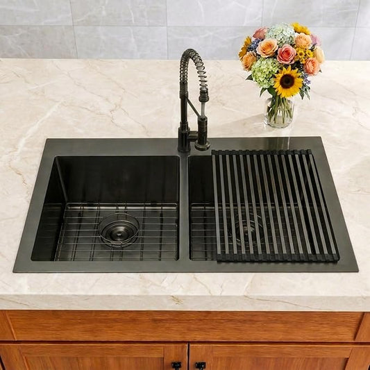 Black Kitchen Sink,33 X 22 inch Drop in Kitchen Sinks Double Bowl,16 Gauge Stainless Steel 50/50 Double Sink,Top Mount/Drop In Double Kitchen Sink 33 inch