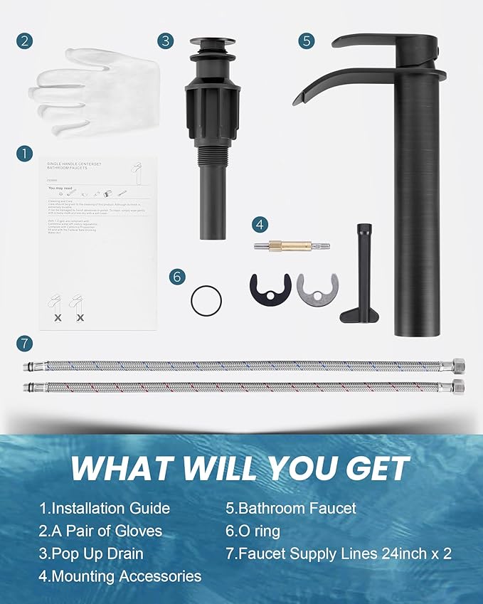 Vessel Sink Faucet Oil Rubbed Bronze:WOWOW Single Handle Tall Bathroom Faucet - Waterfall Single Hole Mixer Bar Tap with Large Rectangular Spout, Deck Mount Lavatory Vanity with Pop Up Drain