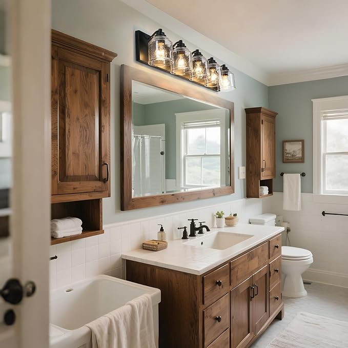 Vanity Lights for Bathroom Large 40", Farmhouse Rustic Vanity Light with Bubble Glass Shades, Black 5 Light Bathroom Lighting Fixtures Over Mirror, Bath Wall Sconce Home Decor