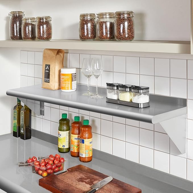 Profeeshaw NSF Stainless Steel Shelf 14” x 60”, 400 lb Commercial Shelves Wall Mounted Metal Shelving with Backsplash and 2 Brackets for Restaurant, Bar, Utility Room, Kitchen and Garage