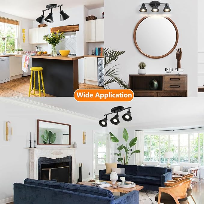 Modern 3-Light Track Lighting Fixture, Black Metal Ceiling Spotlight with Flexible Rotatable Heads, GU10 Base Directional Track Light for Kitchen, Hallway, Living Room & Gallery