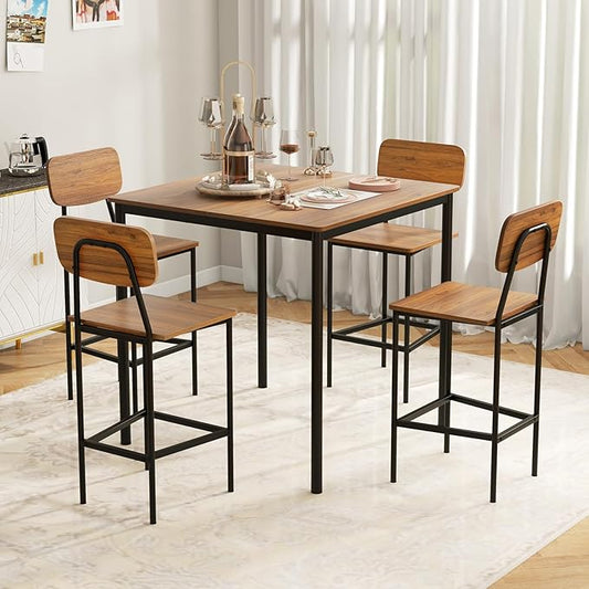 KOTEK 5-Piece Counter Height Dining Table Set, Industrial Kitchen Table and Chairs for 4, Space-Saving Dinette Set with Bar Stools for Dining Room, Pub, Restaurant (Teak)