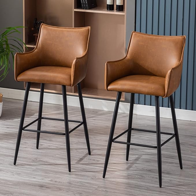 Brown Leather Bar Stools Set of 6, Mid Century Modern Upholstered Kitchen Chairs with Arms and Black Metal Legs 30” Height Stools with Back for Dining Room Home Pub Faux Leather in Brown