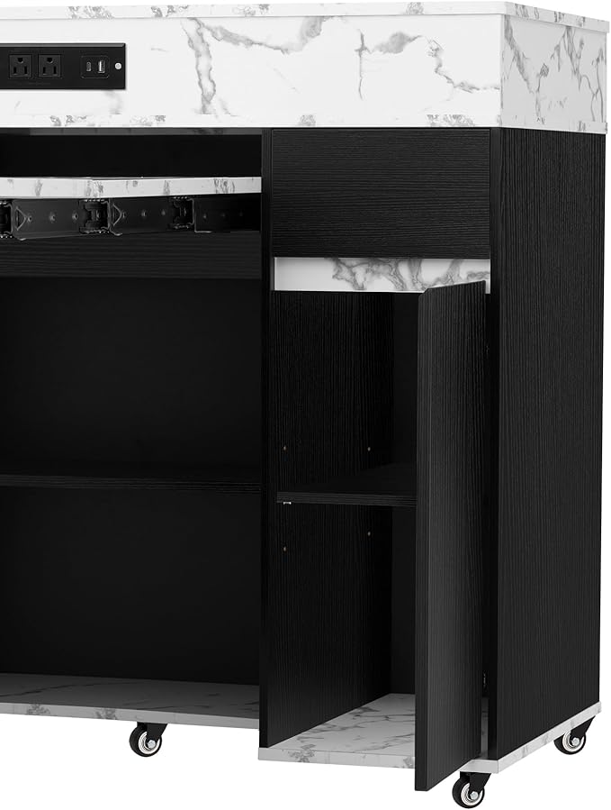 Virubi Extendable Dining Table with Extra-Long Folding Top, Rolling Kitchen Island with Storage Cabinet, Drawers & Brake Lock, Sturdy Mobile Cart for Kitchen, Dining Room & Open Spaces (Black2)