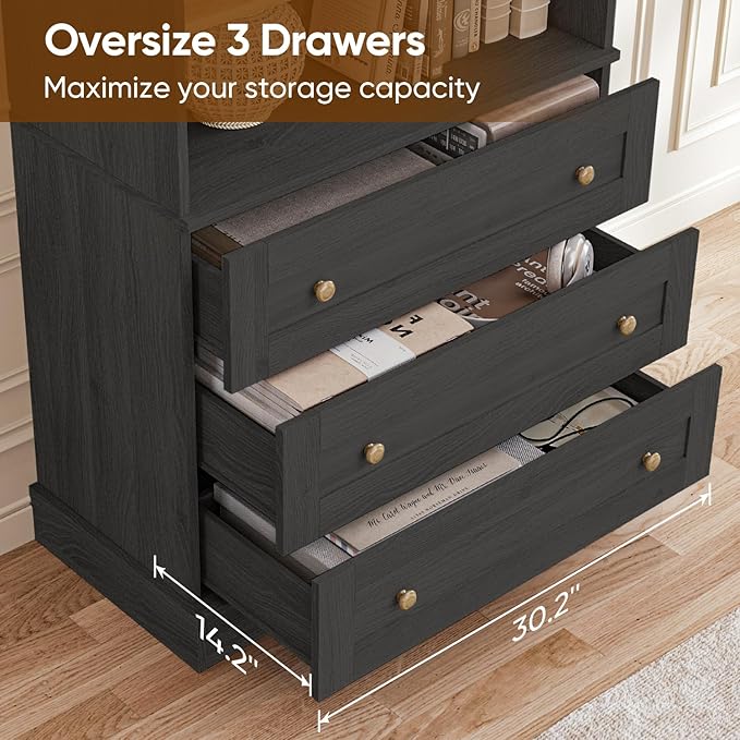 ivaniti 71" Tall Farmhouse Kitchen Pantry, Large Storage Cabinet with Glass Doors, Adjustable Shelves, 3 Drawer, Wood Versatile Hutch Cabinet for Dining Room, Living Room, Black 2 Pcs