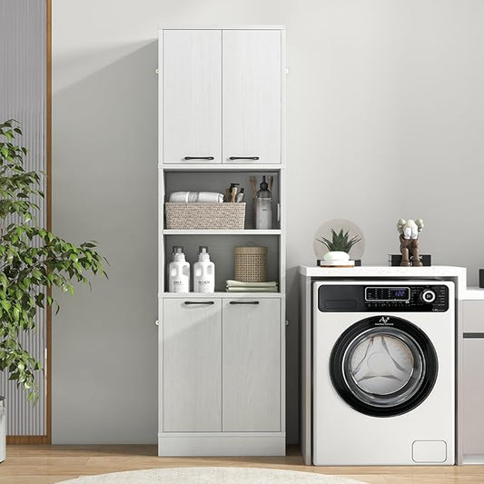 75” Kitchen Pantry Cabinet, Tall Freestanding Kitchen Hutch with 4 Doors, 2 Open Shelves & 4 Anti-Tipping Devices, Bathroom Storage Cabinet for Living Room, Dining Room (White Oak)