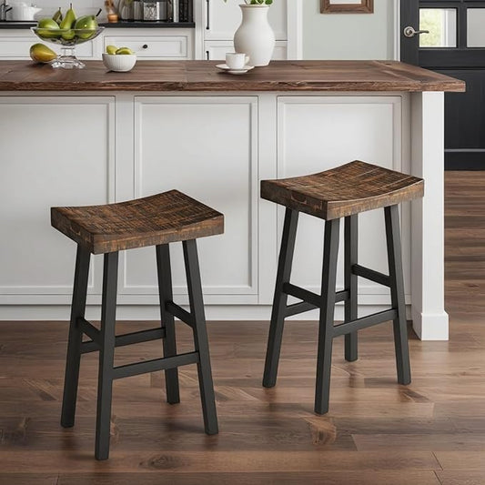 ERGOMASTER Wooden Backless Saddle Barstools Set of 2, 29-inch Bar Height Rustic Bar Stools with Rubber Wood Frame & Footrest for Kitchen Island, Dining Room, Pub