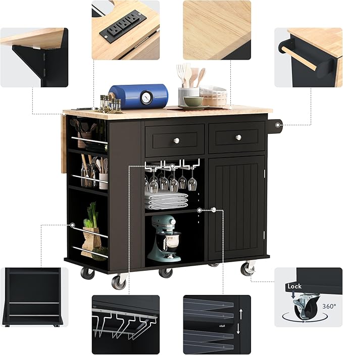 Ball & Cast Kitchen Island with Power Outlet,Kitchen Island with Drop Leaf and Rubber Wood,Open Storage and Wine Rack,5 Wheels,W/Adjustable Storage for Home,Kitchen,Dining Room,Black,40"