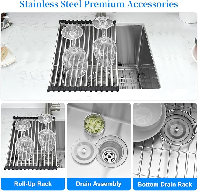 PEPO 18×18 Inch Undermount Kitchen Sink 16 Gauge Stainless Steel Bar Prep Sink Single Bowl with Drain Accessories for Small Kitchen, Wet Bar RV