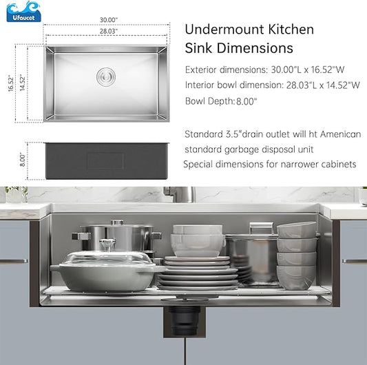 30 Inch Undermount Kitchen Sink, 30" x 16.5" x 8" Under Mount Brushed Nickel RV Laundry Utility Undermount 16 Gauge Stainless Steel 8 Deep Single Bowl Small Kitchen Laundry Narrow Sink