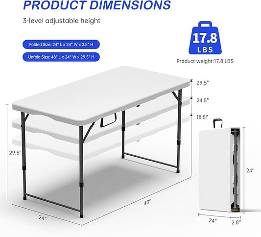 Folding Table 4 Foot for Indoor Outdoor, Portable Heavy Duty Fold-in-Half Utility Small Plastic Adjustable Height Folding with Carrying Handle for Picnic and Party, White