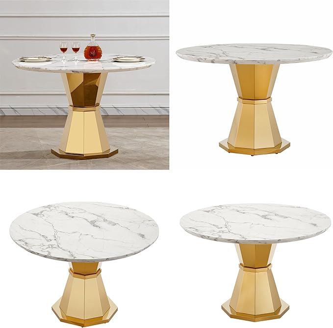 47" Round Marble Dining Table for 4-6, Luxury Modern Kitchen Table with Marble Grain MDF Tabletop & Gold Mirrored Stainless Steel Pedestal Base, Grey Stone Dinner Table for Dining Room (Table Only)