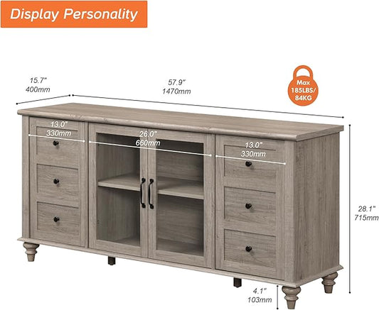 WAMPAT Farmhouse Sideboard Buffet Cabinet with Glass Door & Adjustable Shelf, Wooden Coffee Bar Table with Solid Wood Leg, Kitchen Storage Cabinet for Dining Room, Grey, 58 Inch