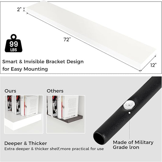 Venusmiles Floating Shelves for Wall, 72 Inch Wide x 12 Inch Deep Floating Shelves, Long Wood Floating Wall Shelf Shelves for Living Room Bathroom Bedroom Kitchen Home - (White, 72" W x 12" D x 2" H)