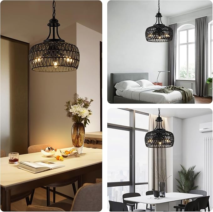 Farmhouse Chandeliers for Dining Room, 3-Light Rustic Ceiling Fixture with Twine Making Lampshade, Adjustable Height Chandelier for Bedroom, Kitchen, Bedroom (Balck)