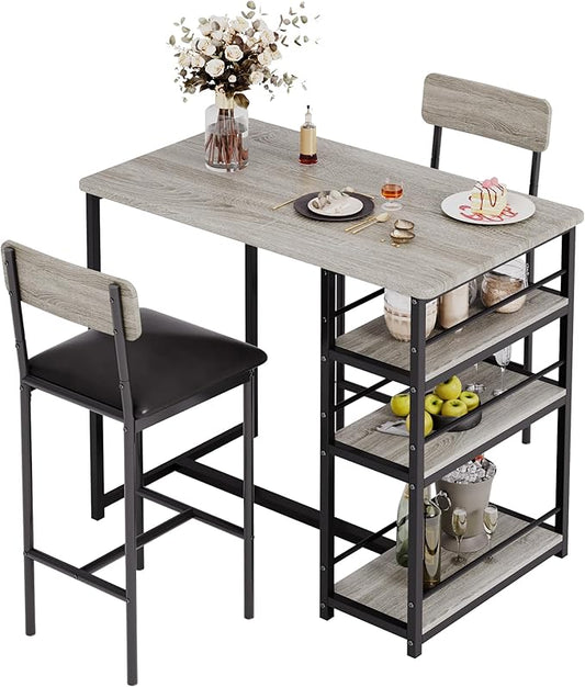 Bar Table Set for 2 with 3 Storage Shelves, Space-Saving Kitchen Table & Chairs with PU Cushions, Thick MDF Wood Top and Steel Frame for Apartment and Bistros - Retro Grey