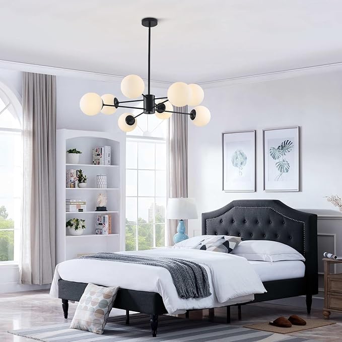BOKT Modern 8-Lights Globe Sputnik Chandelier Mid Century Matte Black Chandelier Ceiling Mount Light Fixture with Milky White Glass Glass Lampshade for Dining Room Living Room