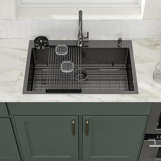 Logmey 33x22 Gun Black Drop in Kitchen Sink with Pull-out Faucet Soap Dispenser 33 Inch 16 Guage Stainless Steel Sinks Single Bowl 9'' Deep Sinks with Cup Washer 33x22x9 LMTB33229-F